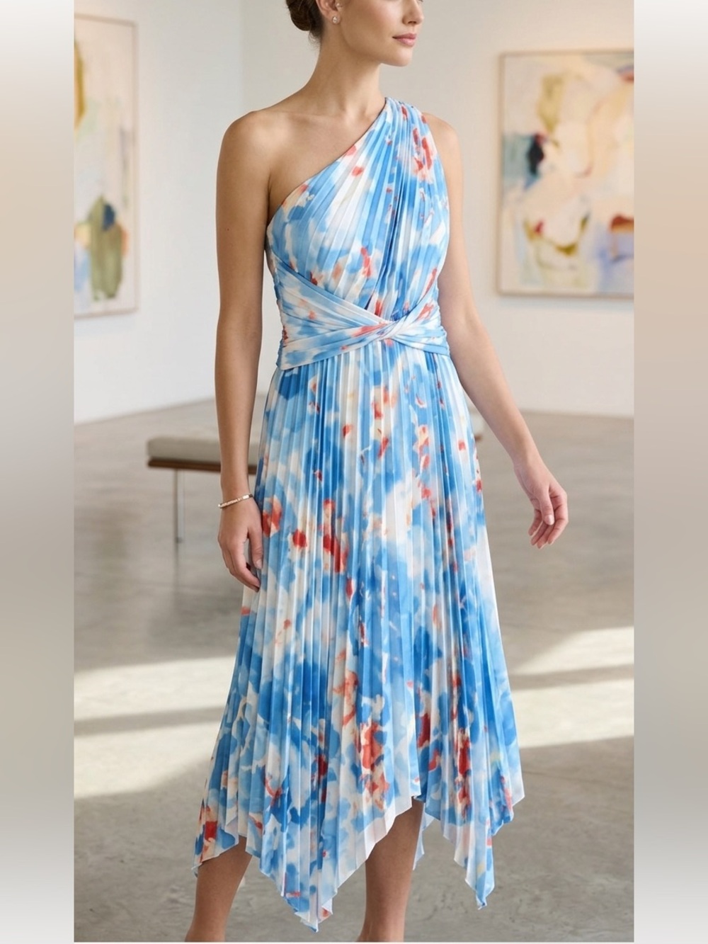 One-Shoulder Blue Floral Pleated Dress